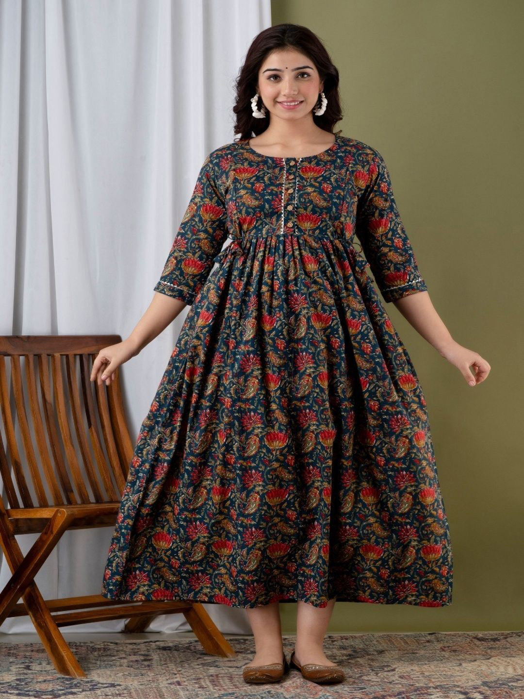 Fasnesio Floral Printed Casual Midi Dress with Three-Quarter Sleeves