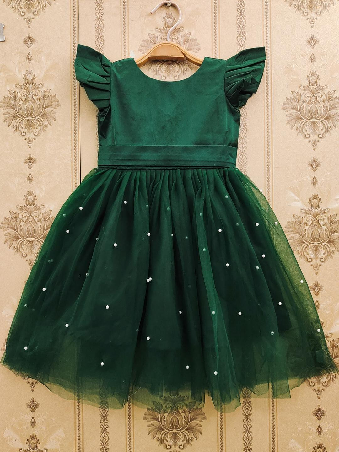 Tejam Girls Green Floral Cape Sleeve Net Fit & Flare Dress