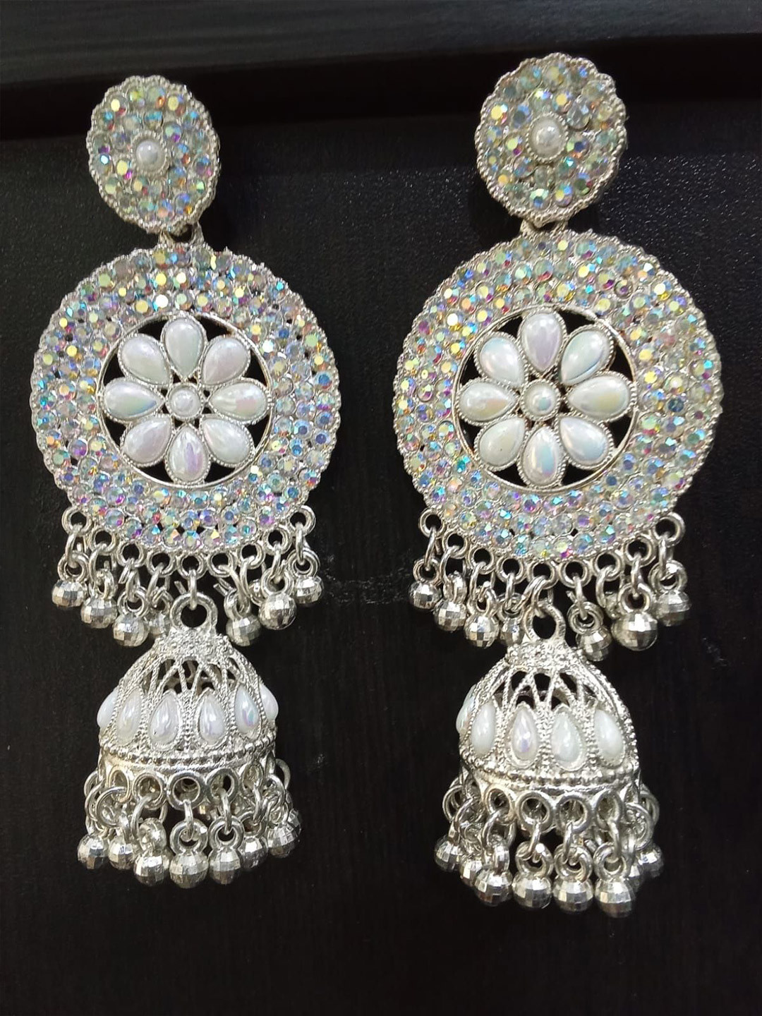 JMBW INTERNATIONAL Silver-Plated Stones Studded & Pearl Beaded Dome Shaped Jhumkas
