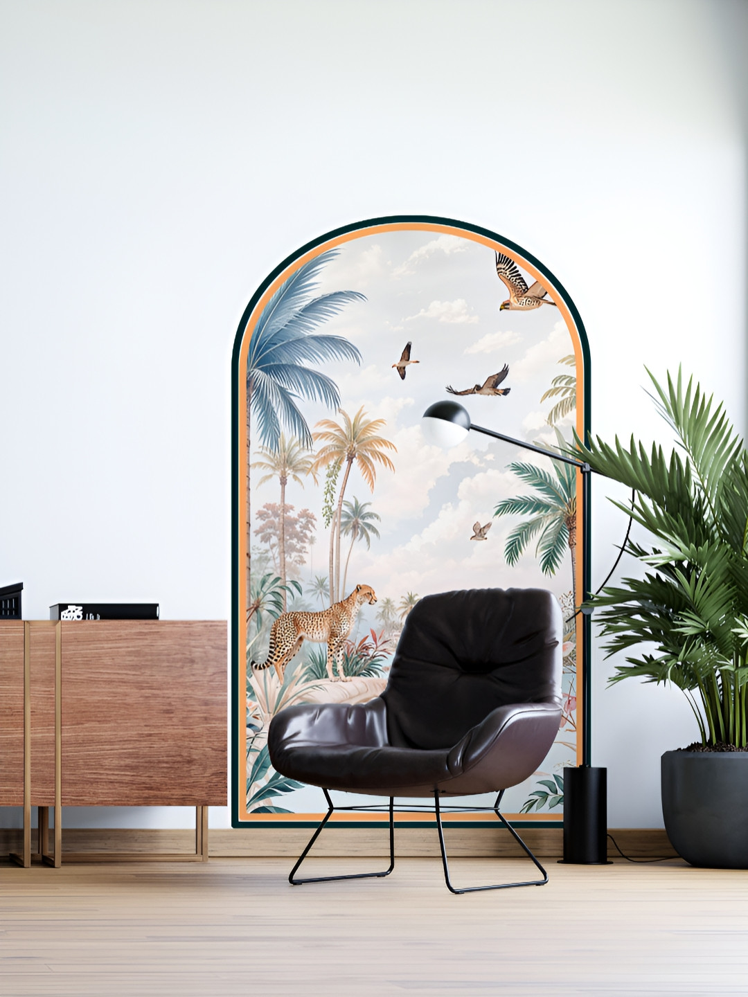 Myntra Elegant Homes White & Blue Palm Trees & Cheetahs Printed Decorative Wallpaper