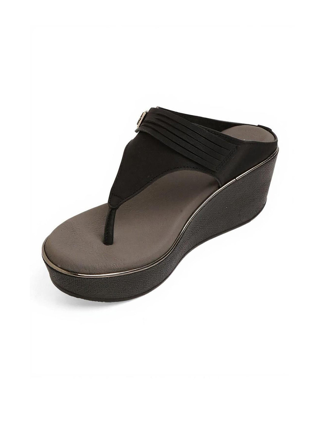 Kneetoes Women Classic Black Buckled Wedge Sandals