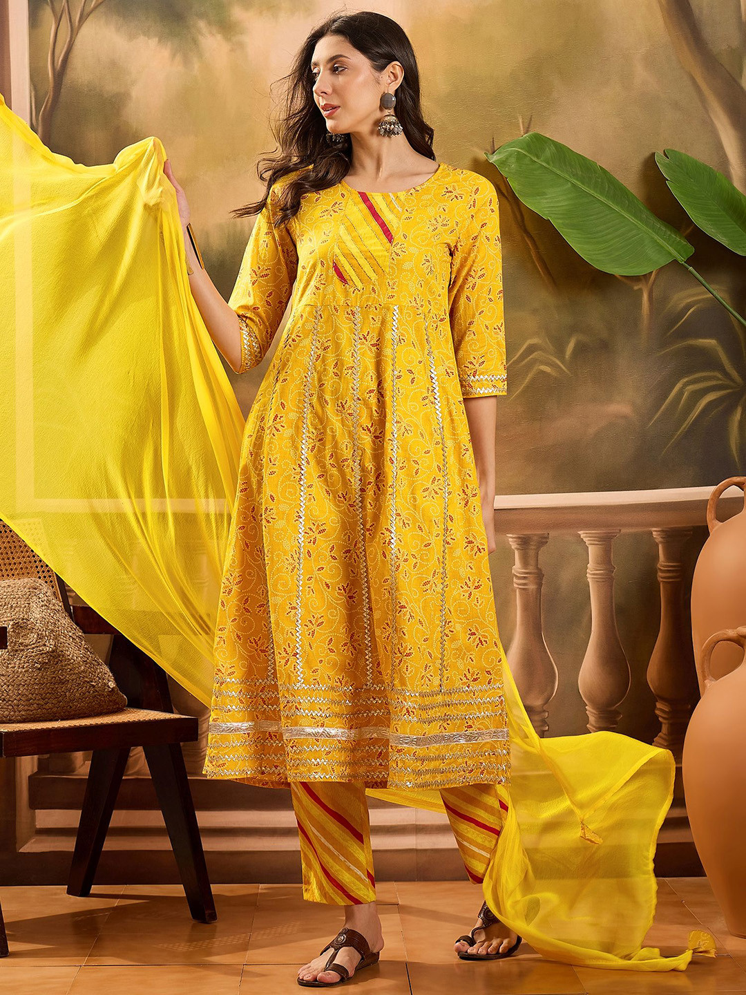 Sangria Bandhani Print Gota Patti Work Pure Cotton Anarkali Kurta With Trousers & Dupatta