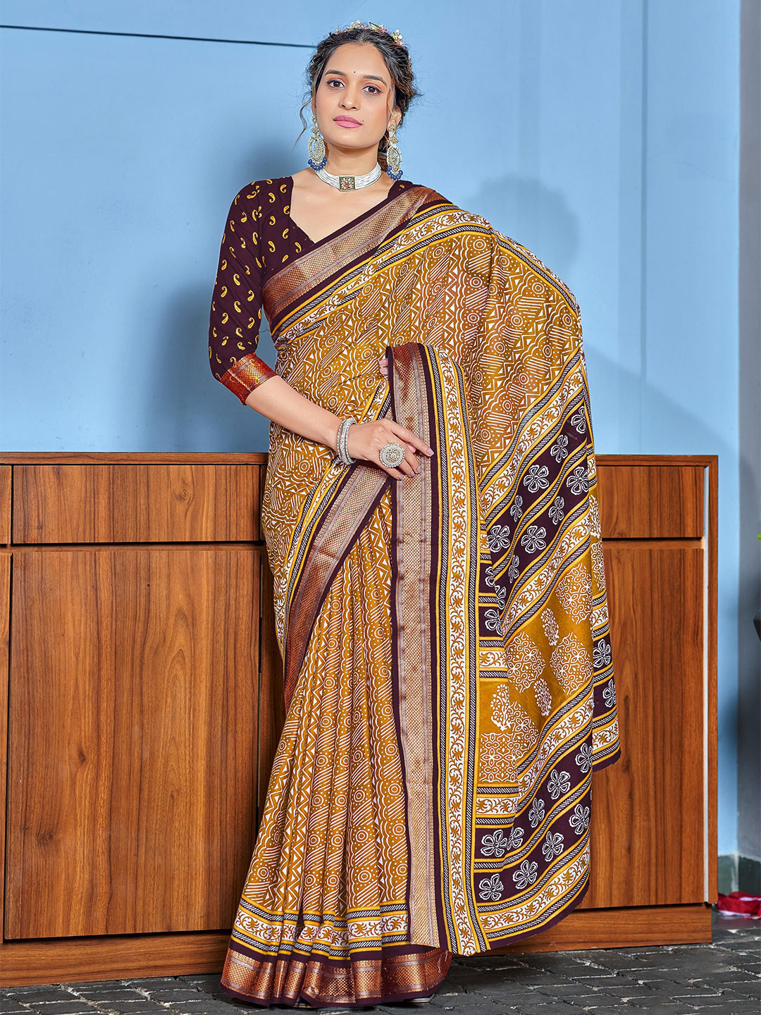 Pandadi Saree Ajrak Woven Design Zari Block Print Sarees