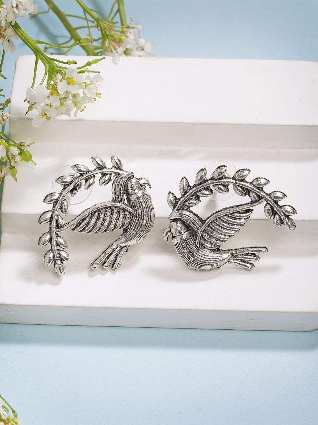 Anouk German Silver-Plated Oxidized Pigeon Animal Shaped Studs