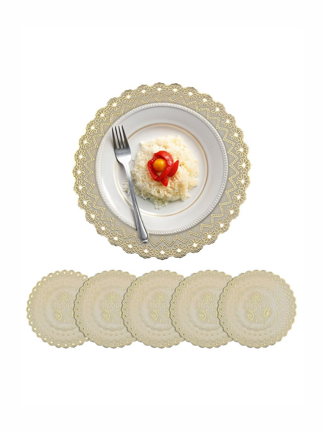 Aura 6Pcs Beige Petal Grace-Patterned Leather Round Table Placemats