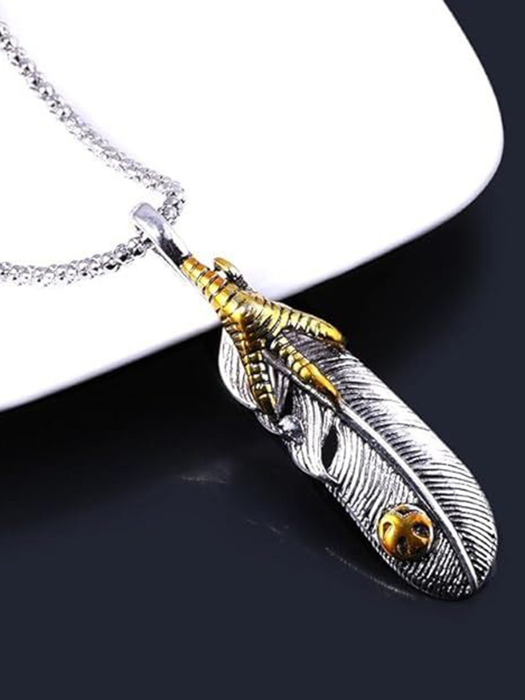 Lovemi Movements Unisex Stainless Steel Silver-Plated Feather Shaped Pendants with Chains