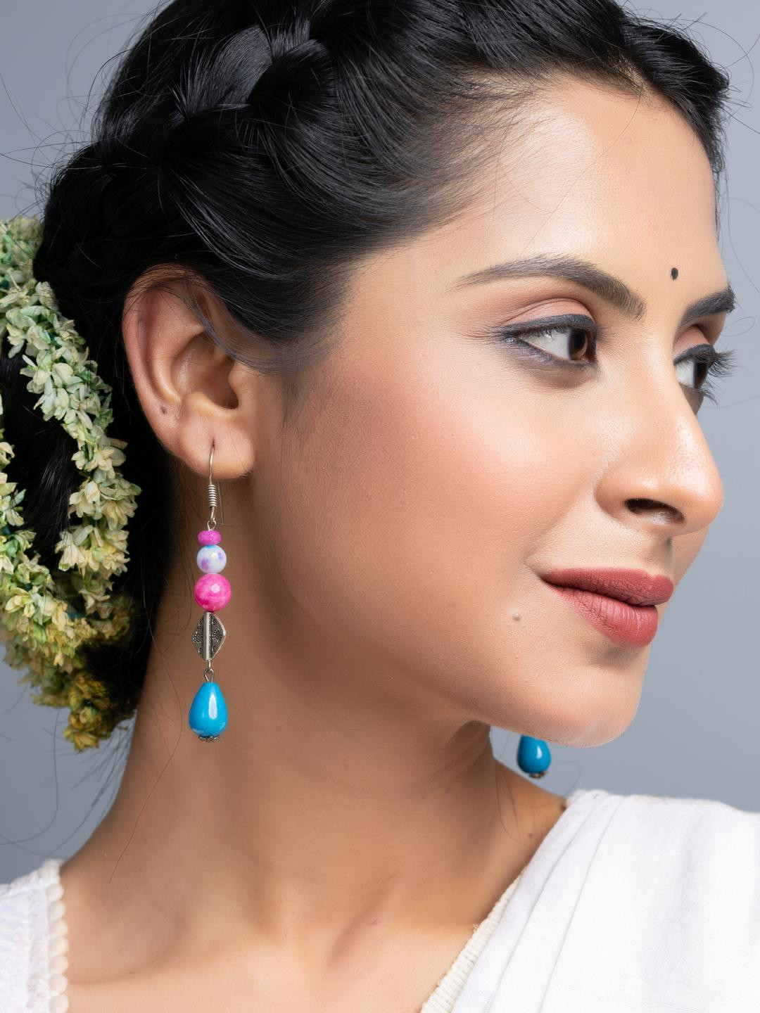 Look and Adorn Blue Pink Semi Precious Onyx Earrings