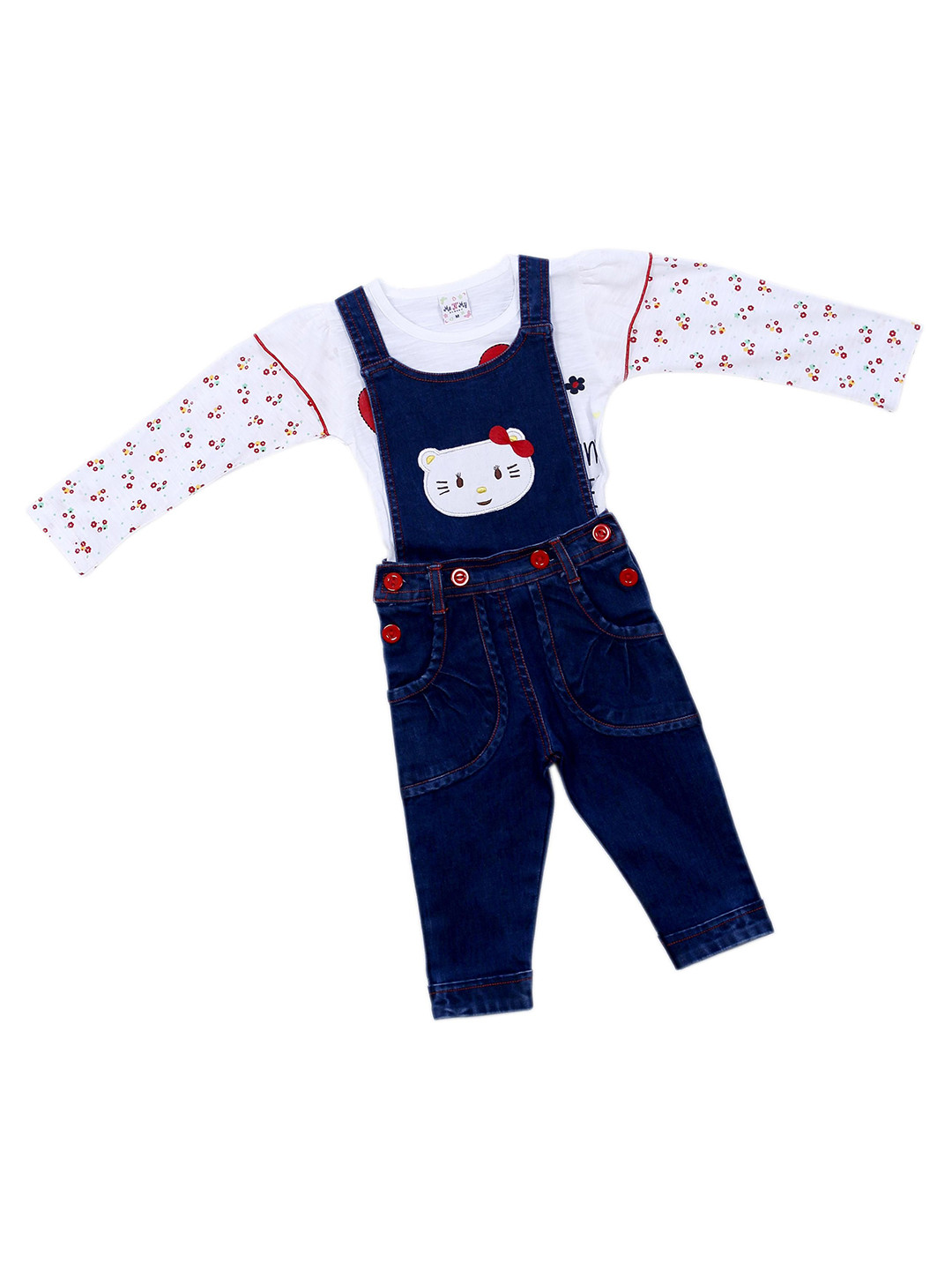 ME N MY Girls Graphic Embroidered Round Neck Dungarees