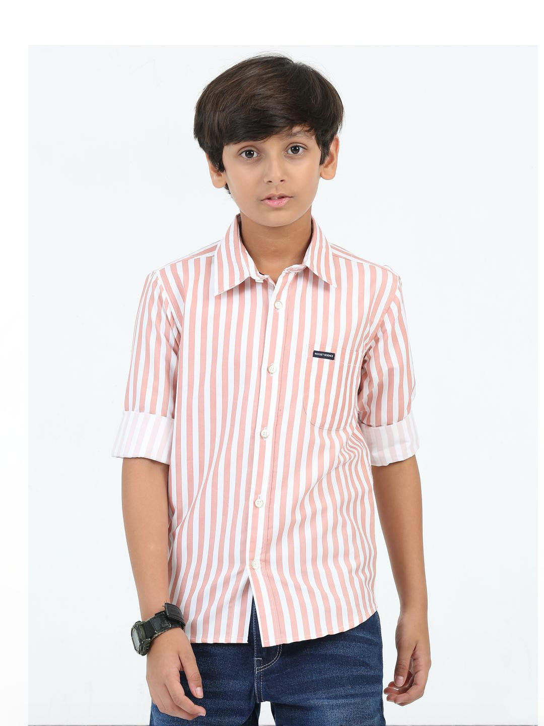 Rocket Science Boys Orange and White Role-Up Sleeve Striped Casual Shirt