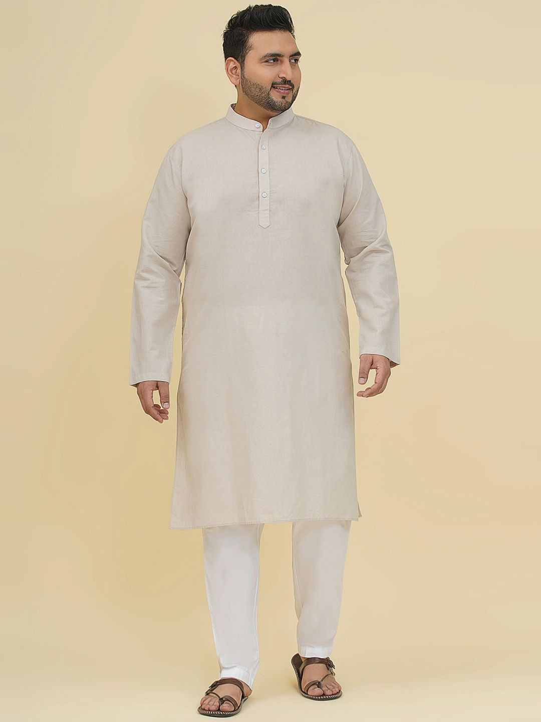 John Pride Men Plus Size Mandarin Collar Linen Kurta with Pyjamas