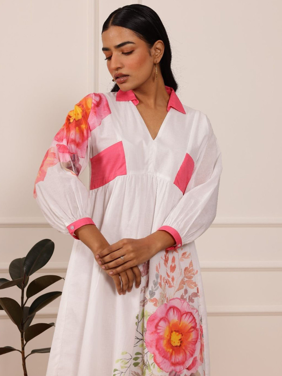 Zolo Label Women Floral Printed Cotton Cambric Empire Mini Dress with Collar Neck