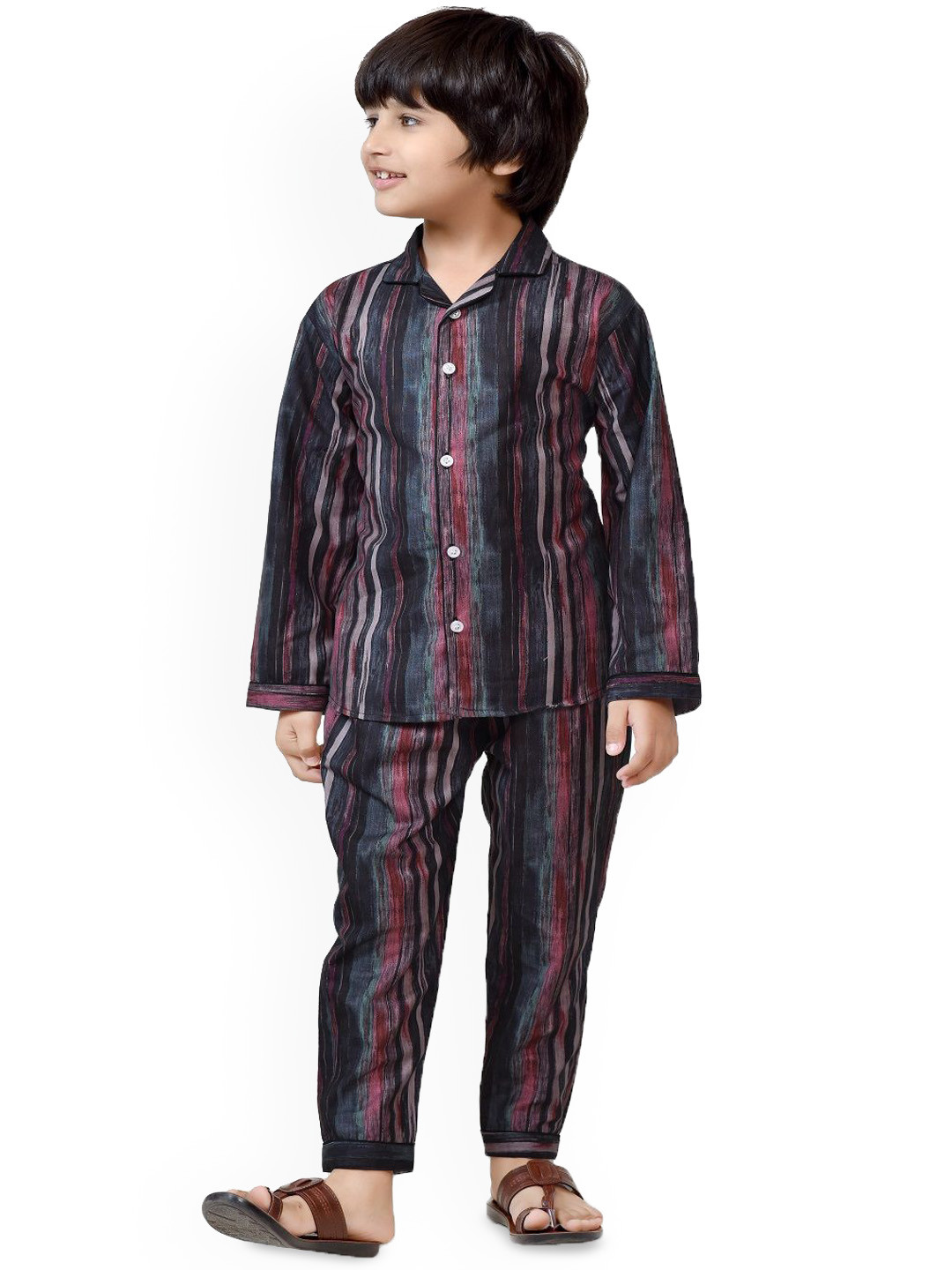 BAESD Boys Stripe Printed Shirt Collar Night suit