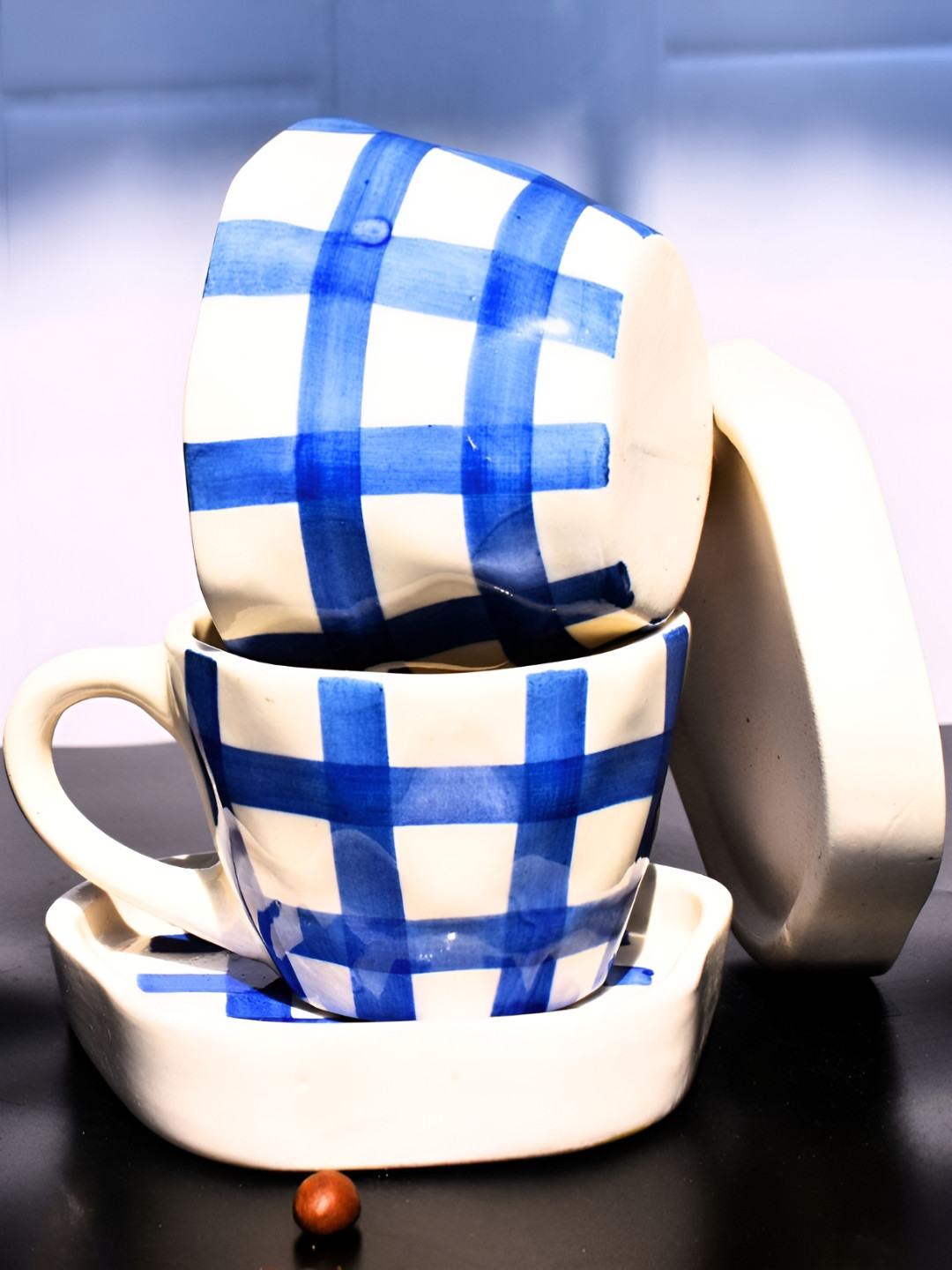 TheYUGO Blue & Cream 2 Piece Printed Ceramic Glossy Mugs Set