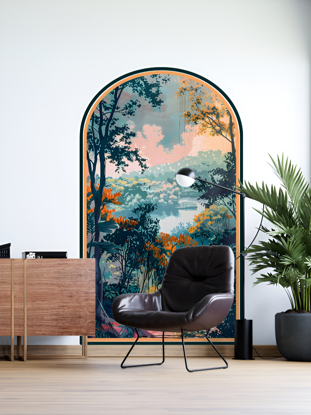 Myntra Elegant Homes Blue & Yellow Printed Scenic Forest Landscape Arch Design WallSticker