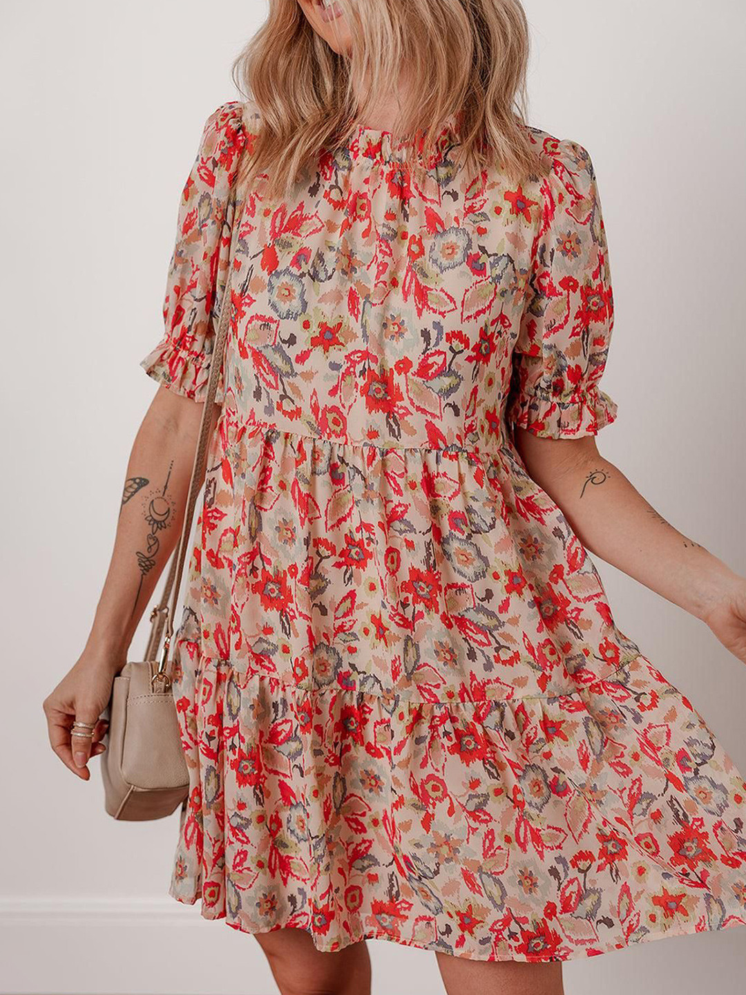 Errabelly Women Floral Print Frilled Neck Puff Sleeve High Waist Dress