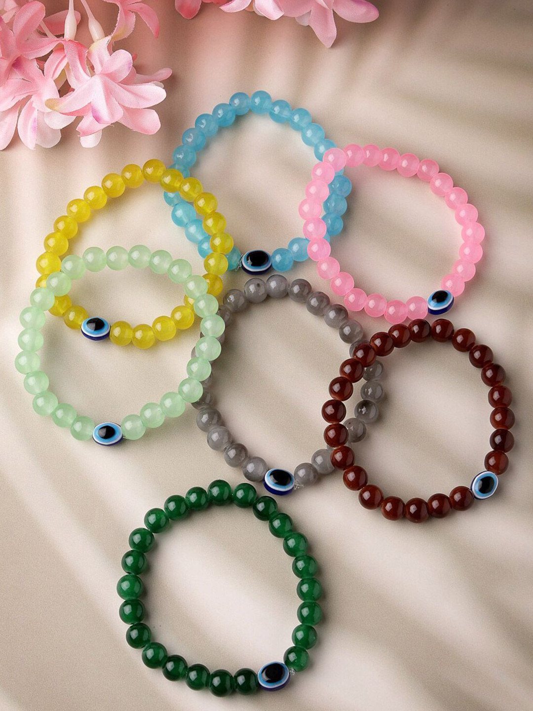 Anouk Set Of 7 Evil Eye Crystals Beaded Elasticated Bracelets