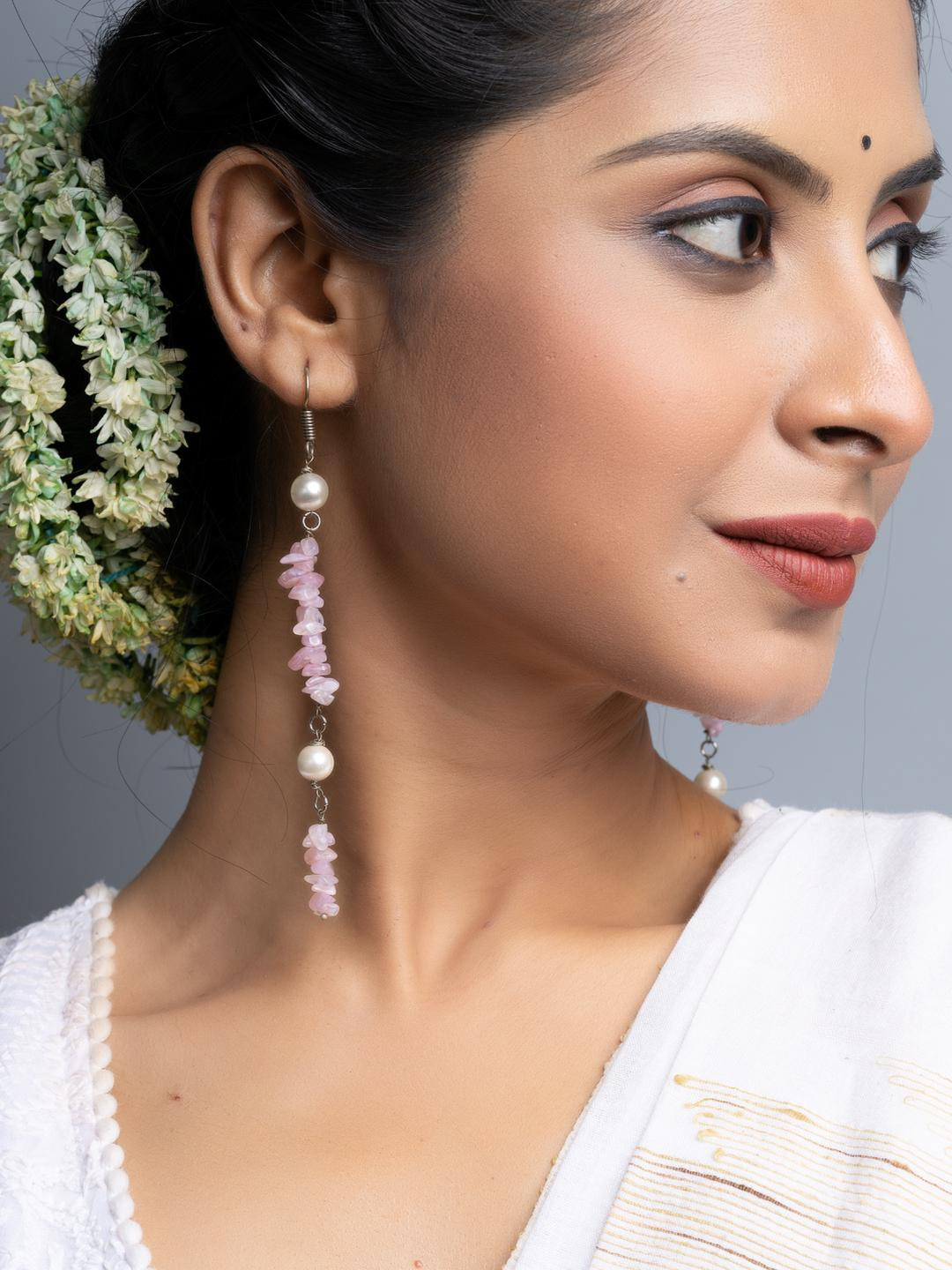 Look and Adorn Pearl Pink Stone Chips Long Dangler Earrings
