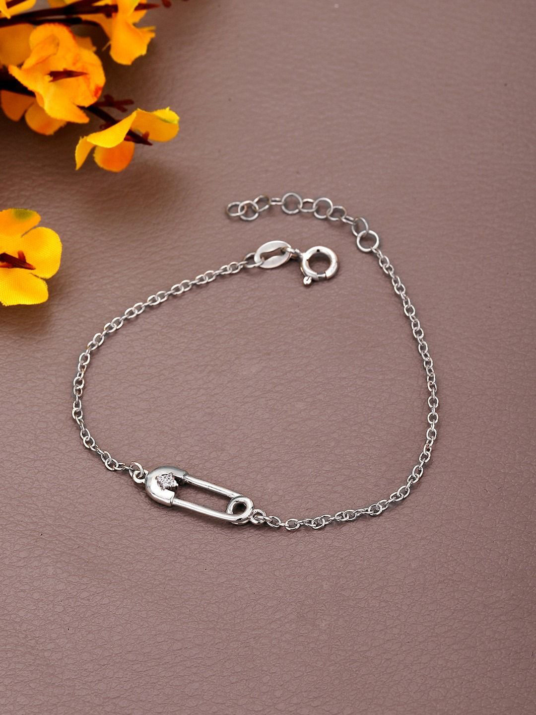 Carlton London 925 Sterling Silver Rhodium Plated with CZ Safety Pin Charm Bracelet