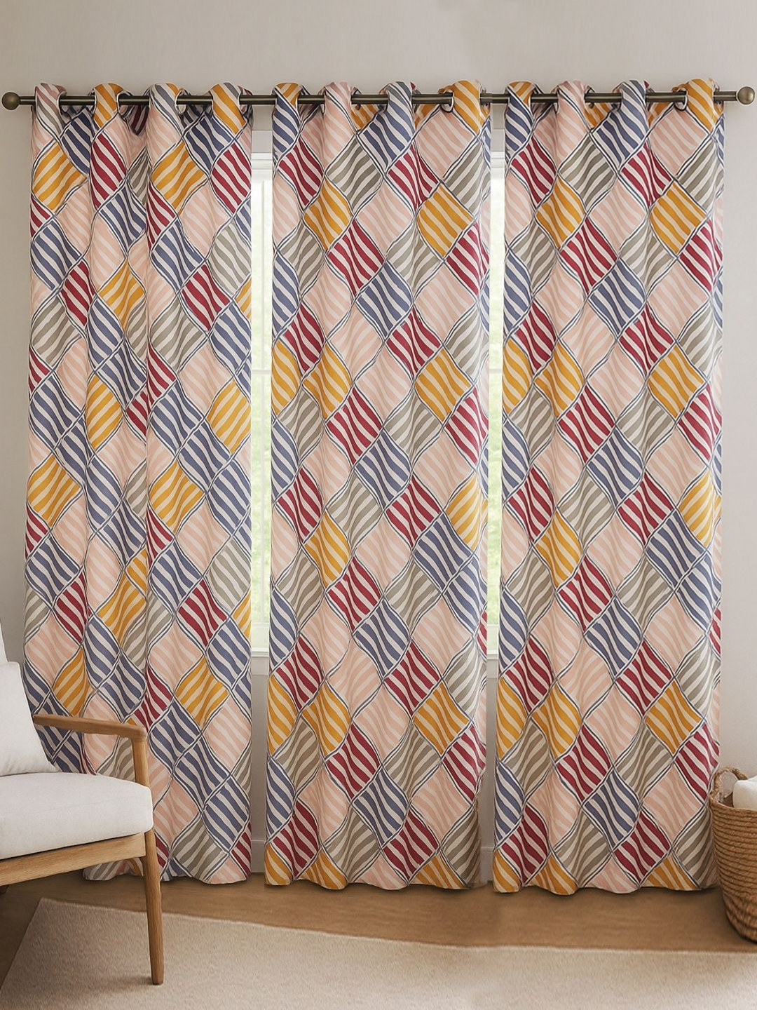 ANA Yellow & Red 3 Pieces Geometric Room Darkening Door Curtains