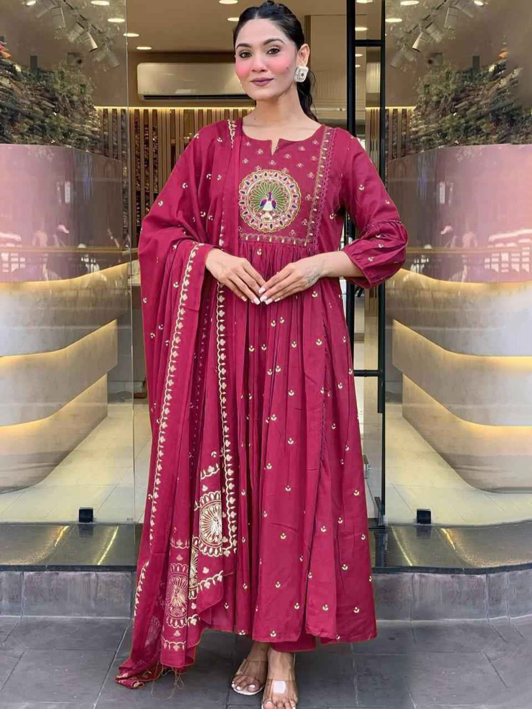 Anni Designer Women Floral Printed Puffed Sleeves Anarkali Kurta with Trousers & Dupatta