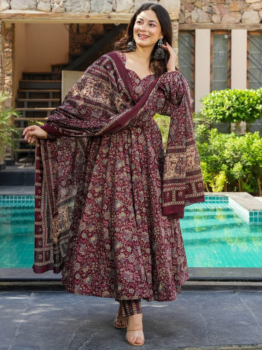 Idaho Clothing Raunaq Floral Printed Pure Cotton Anarkali Kurta With Trousers & Dupatta