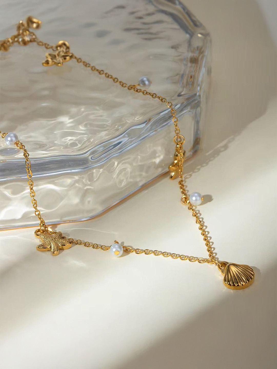 DressBerry 18KT Gold-Plated Stainless Steel Pearls Beaded Ocean Charm Pendant with Chain