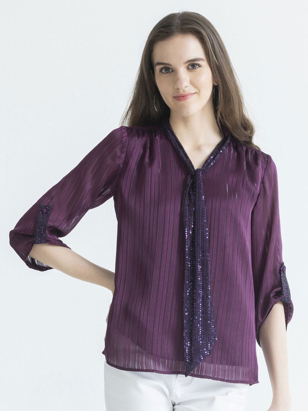 SHAYE Women Purple V-Neck Self Stripes Sequin Three-Quarter Sleeves Party Tops