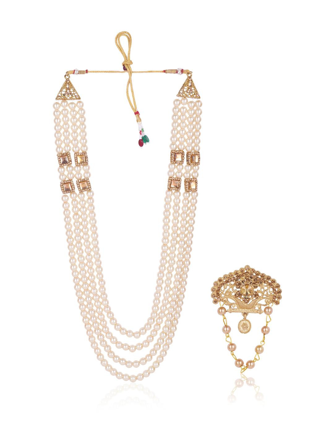 JIYANSHI FASHION Multi-Layer Sherwani Mala with Gold-Tone Brooch Royal Look