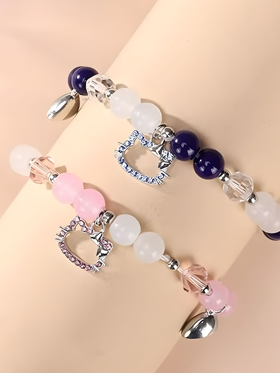 PASU FASHION Unisex Set of 2 Beaded Magnetic Couple Elasticated Bracelets