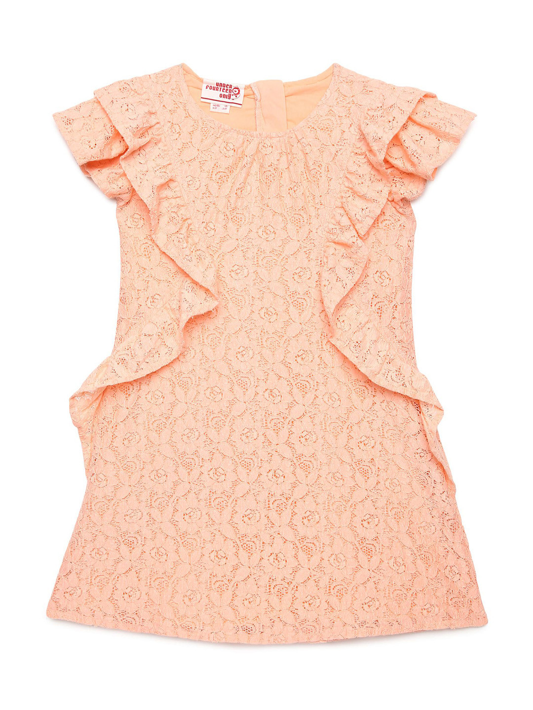 UNDER FOURTEEN ONLY Girls Self Design Schifli Round Neck Flutter Sleeves A-Line Dress