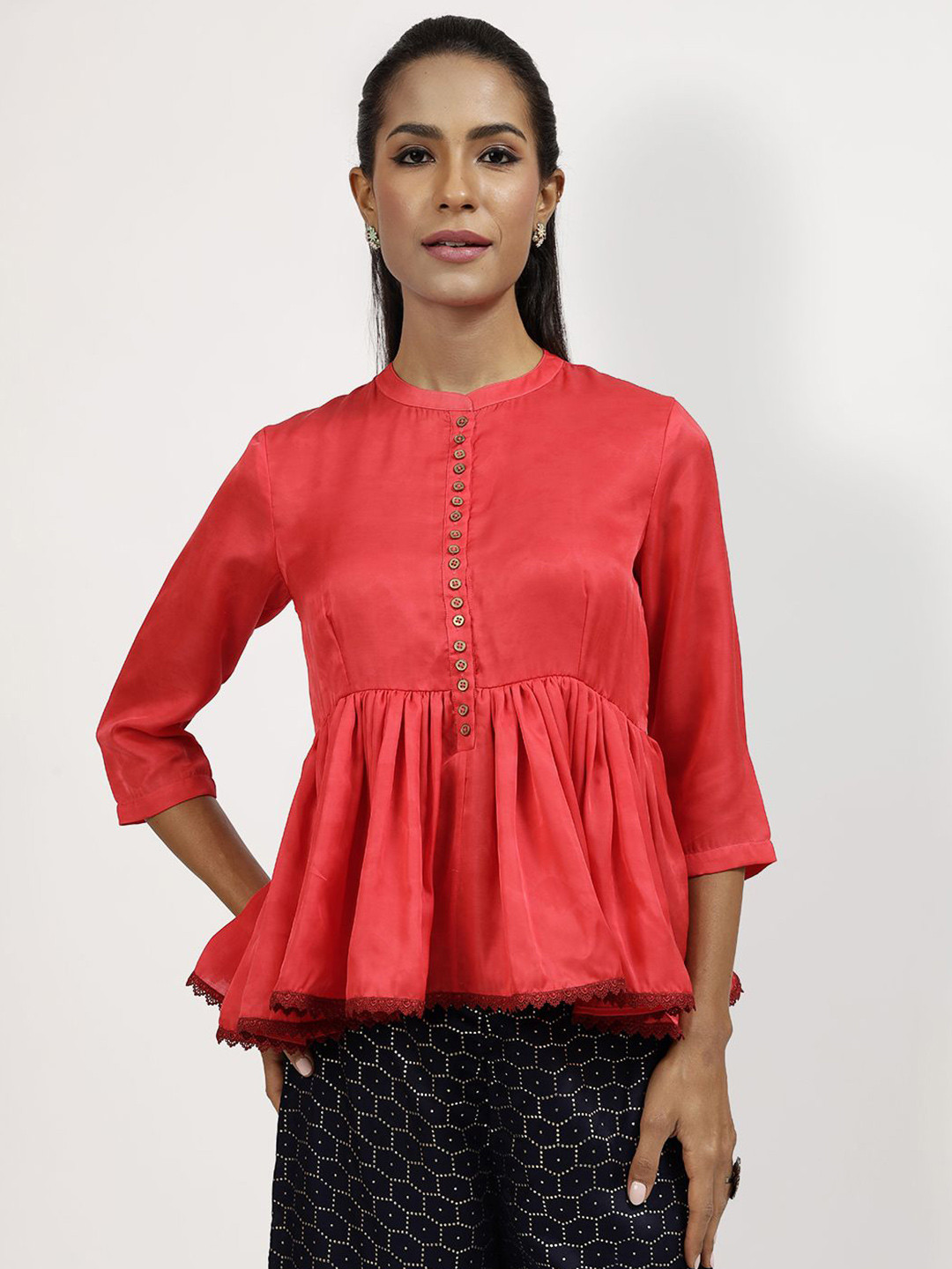 LELA Women Band Collar Pleated Satin Peplum Top With Button Detail