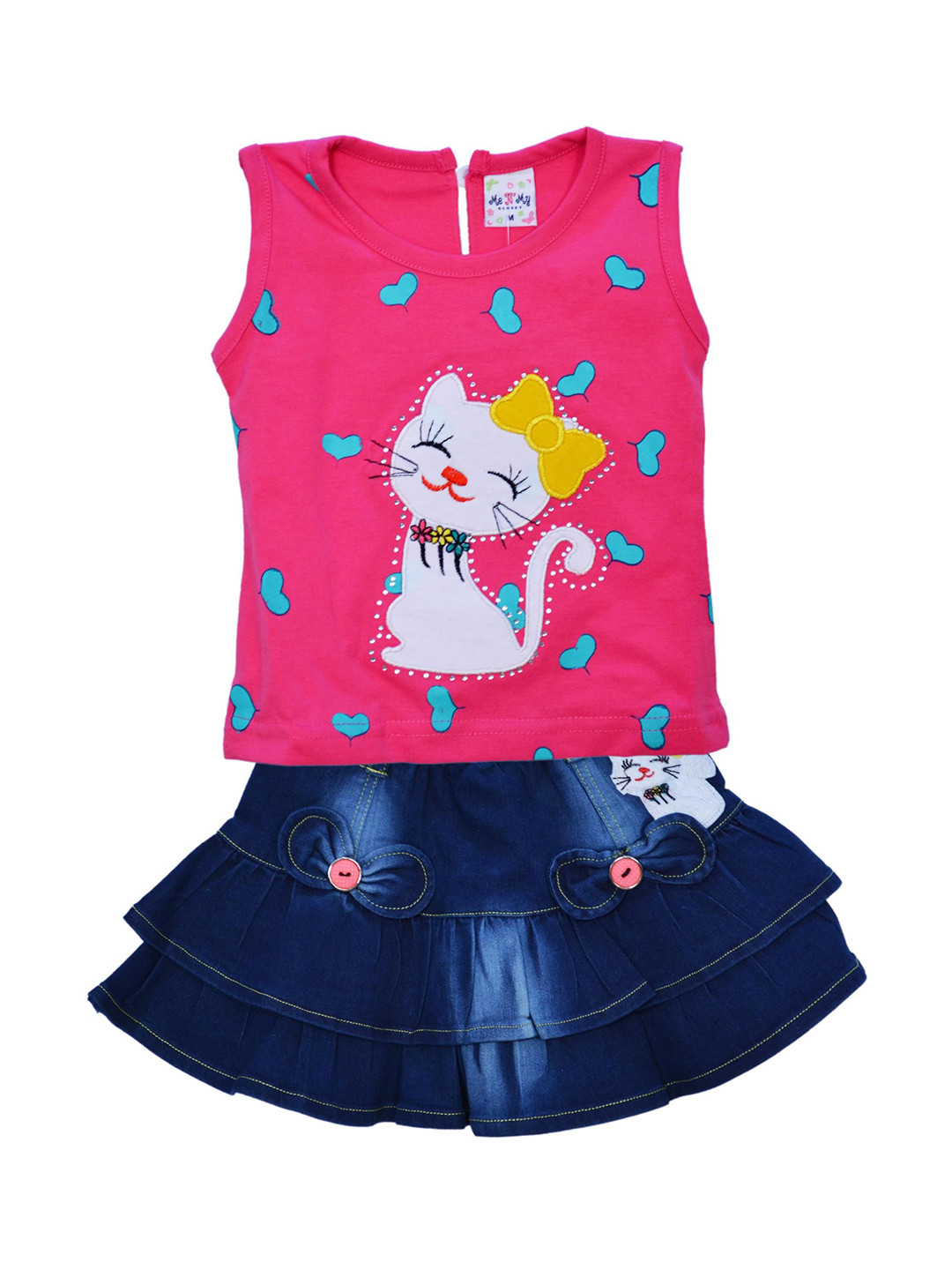 ME N MY Girls Conversational Print Round Neck Top And Skirt Set