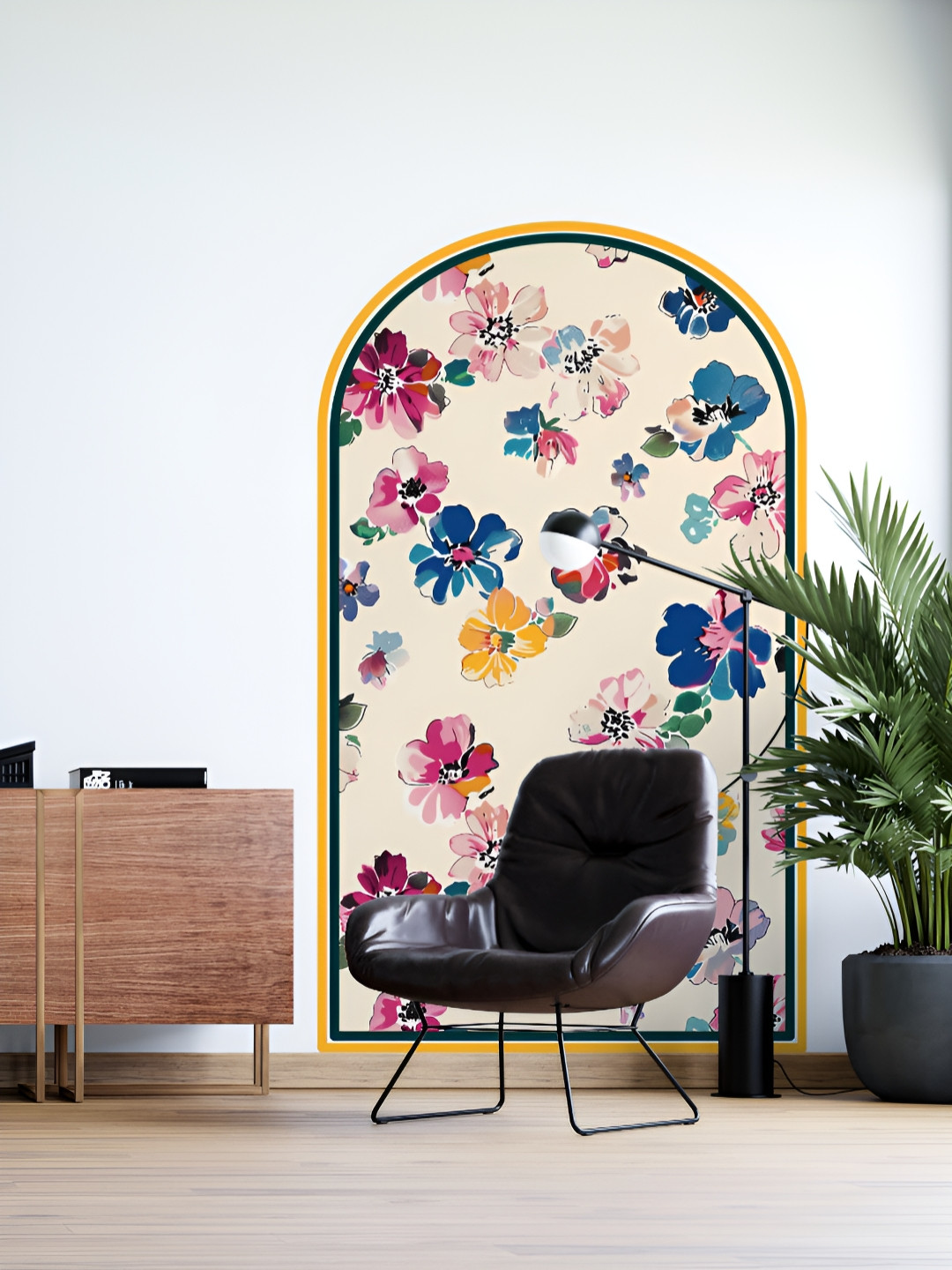 Myntra Elegant Homes Beige & Blue Printed Arched Design With Flowers Wall Sticker