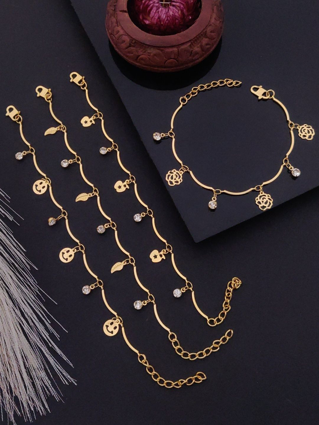 VEMISHTI Set Of 4 Gold-Plated Cubic Zirconia Studded Charm Bracelet