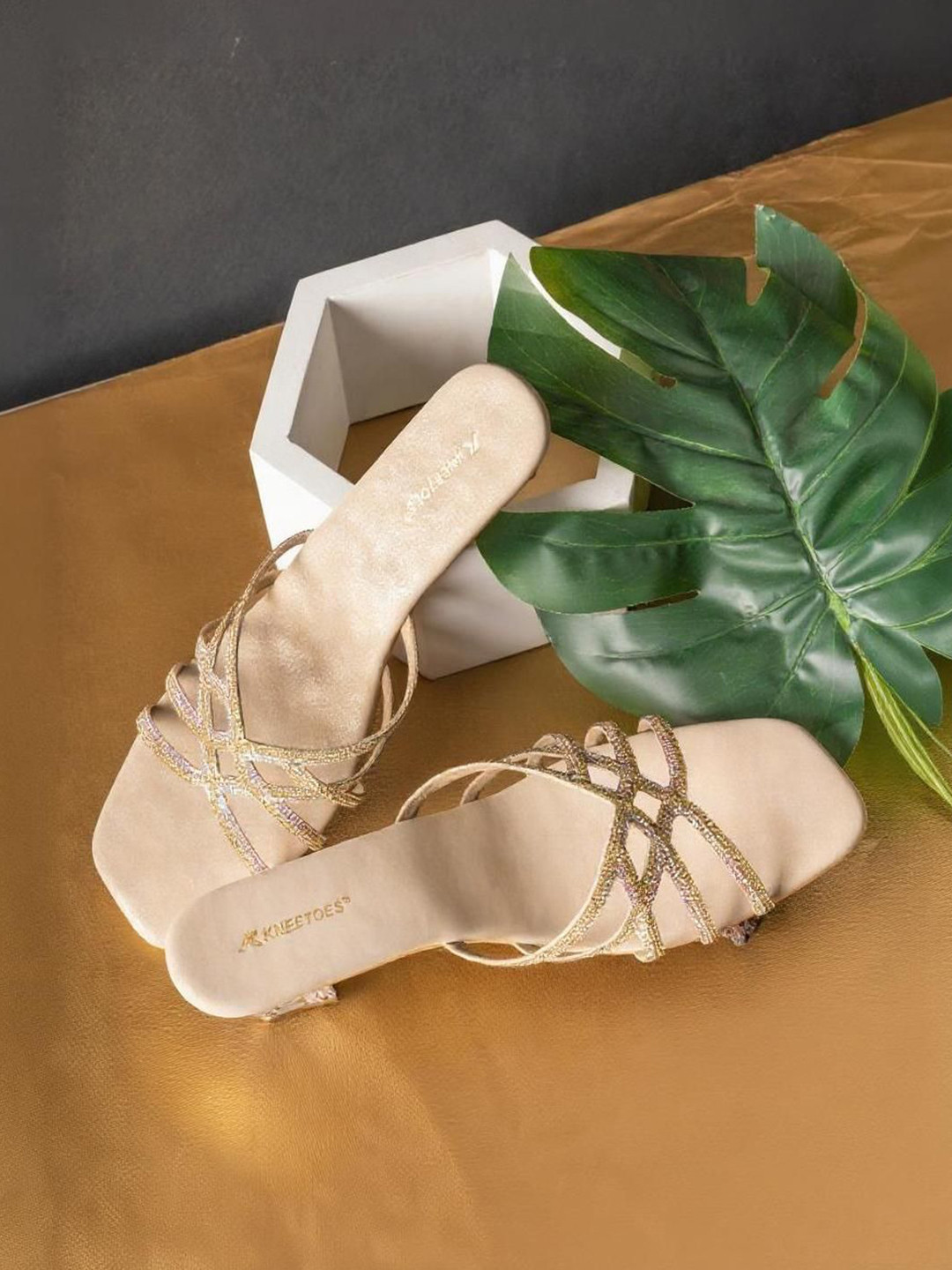 Kneetoes Women Gold Glam Glow Criss-Cross Party Sandals