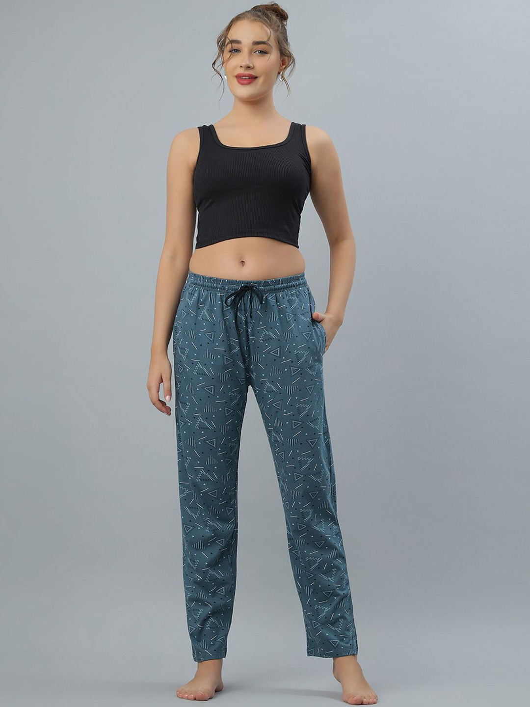 BLUWEEA Printed Cotton Mid Rise Lounge Pants