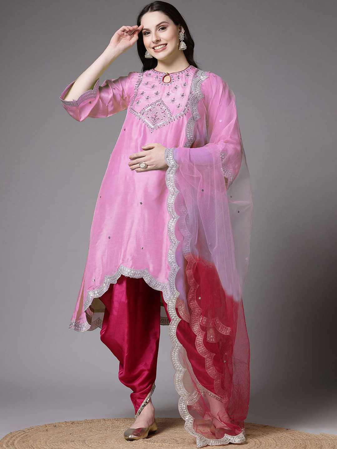 Utsav Fashion Women Embroidered Shantoon Scalloped Fusion Punjabi Suit in Pink
