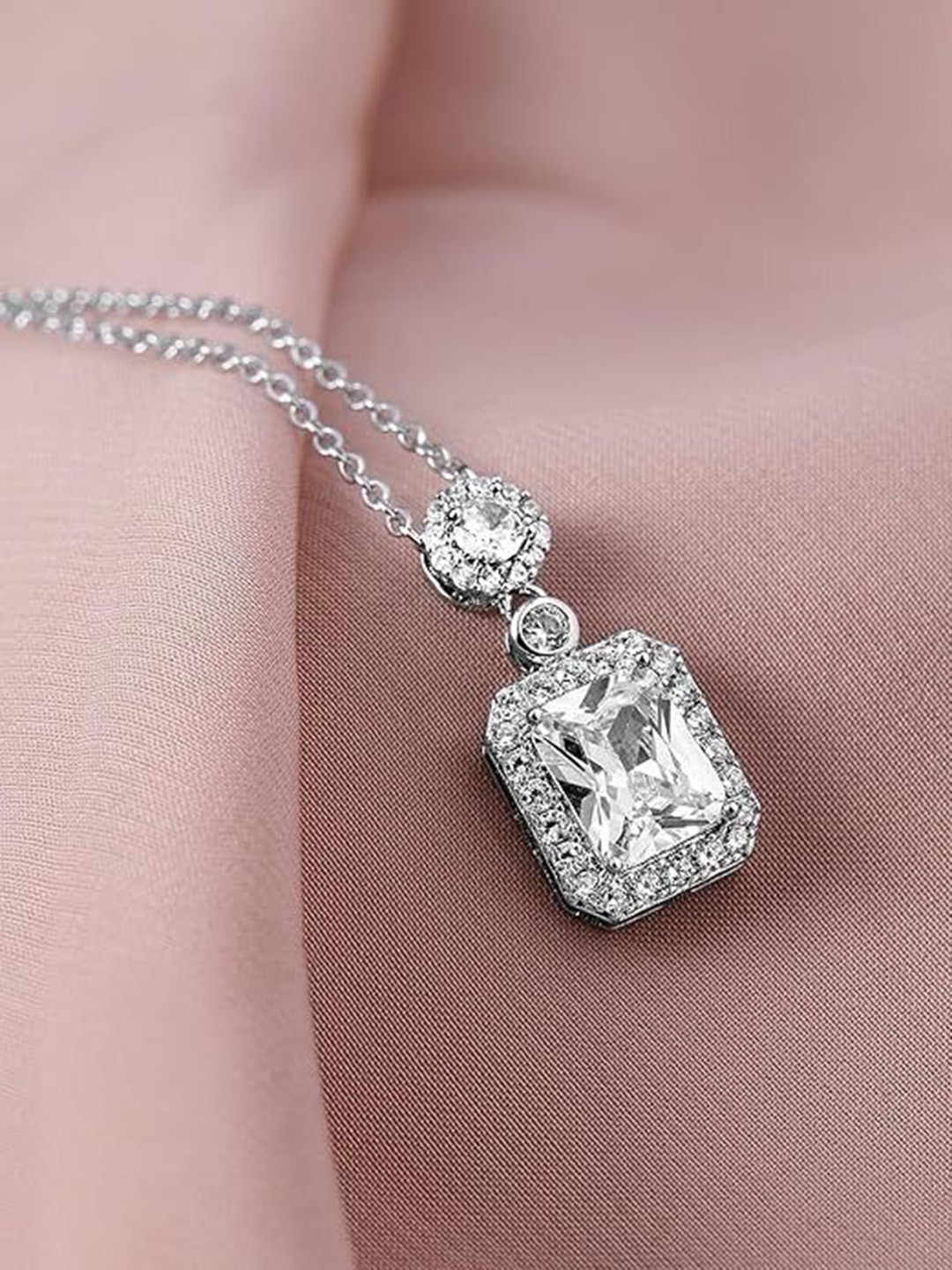 Lovemi Movements 925 Sterling Silver-Plated Crystals Studded Rectangle Pendant Chain