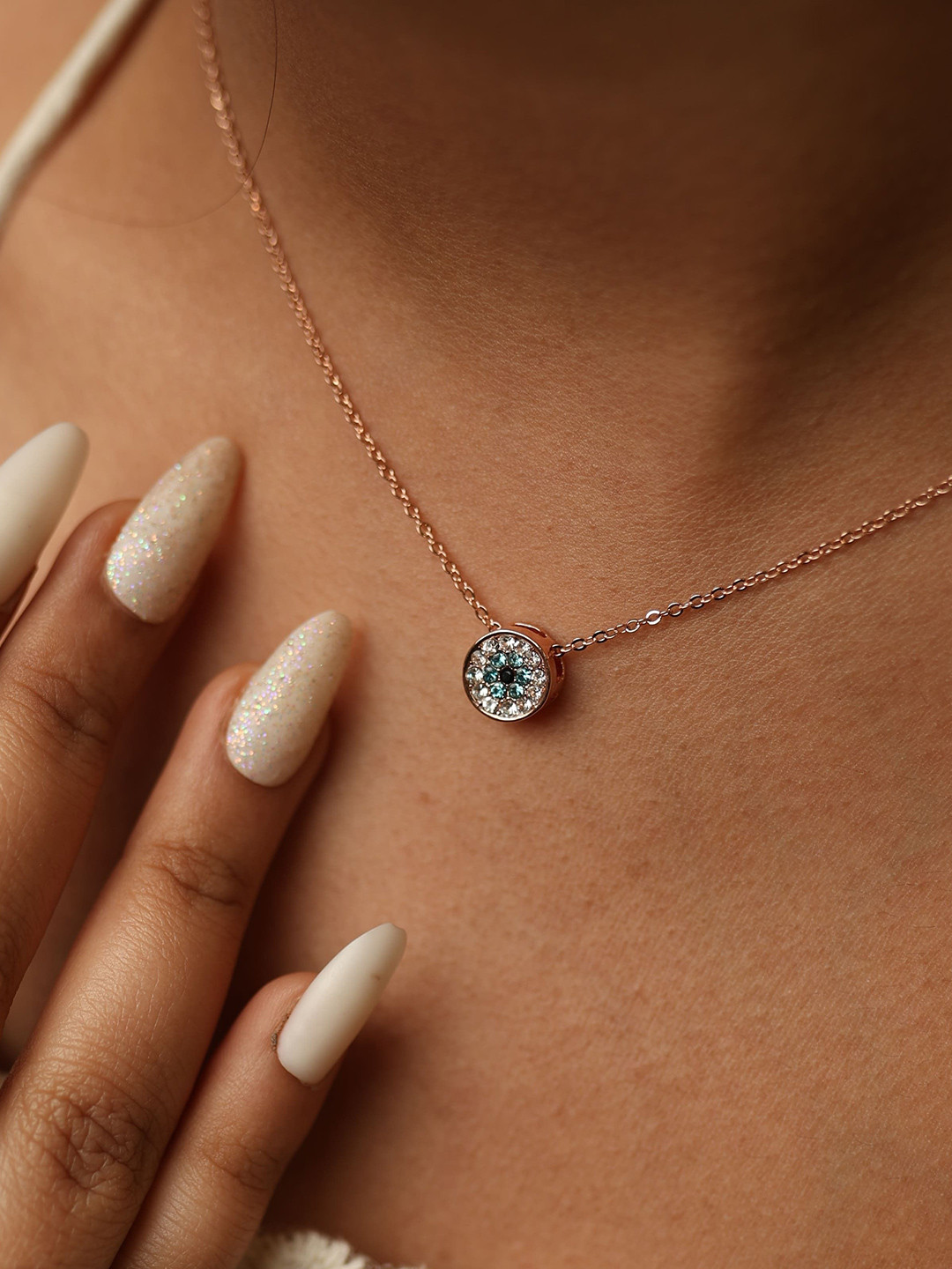 Ishil Nazar Gold-Plated Artificial Stones Studded Circular Shaped Pendant With Chain