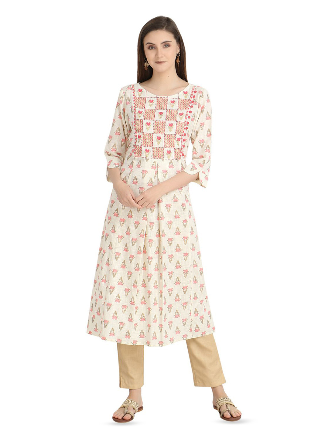 Inara Robes Floral Printed Round Neck Cotton Straight Kurta