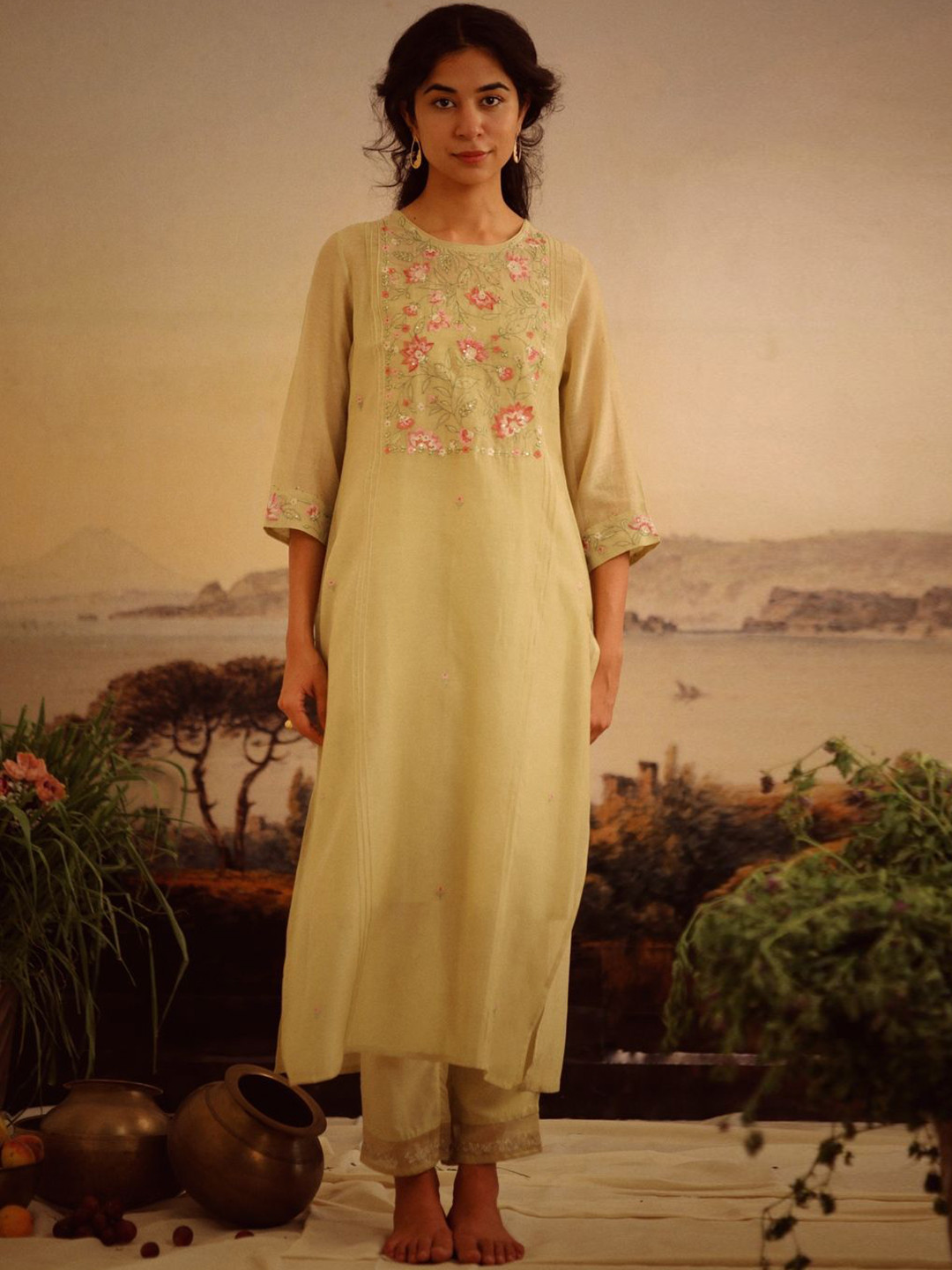 TATWA DESIGNS Rose Garden Floral Embroidered Chanderi Silk Kurta With Trouser & Camisole