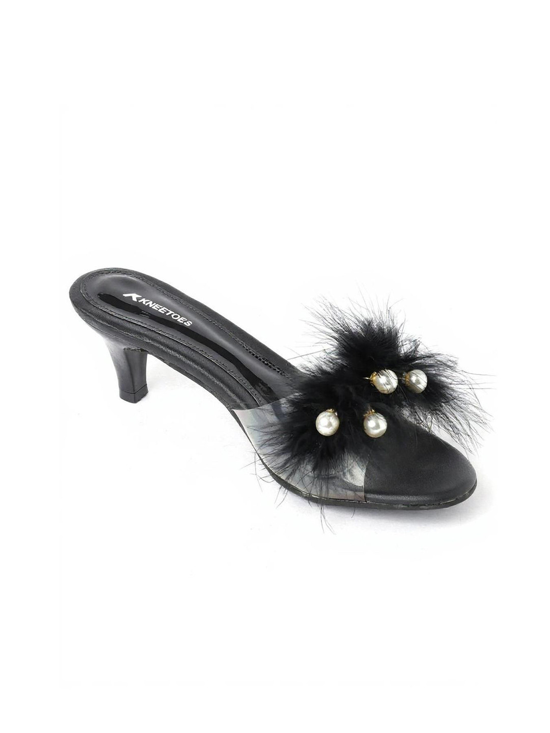 Kneetoes Women Black Soft Fur pearl Kitten Heels