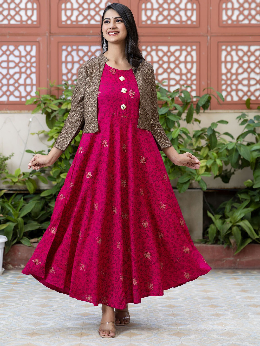 Jaipurite Women Floral Printed Maxi Dress With Jacket