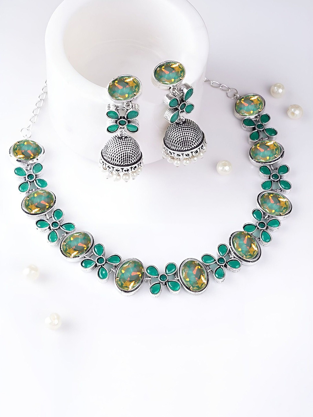 MANSIYAORANGE Rhodium-Plated Crystal & Kempu Stone-Studded Choker Jewelry Set