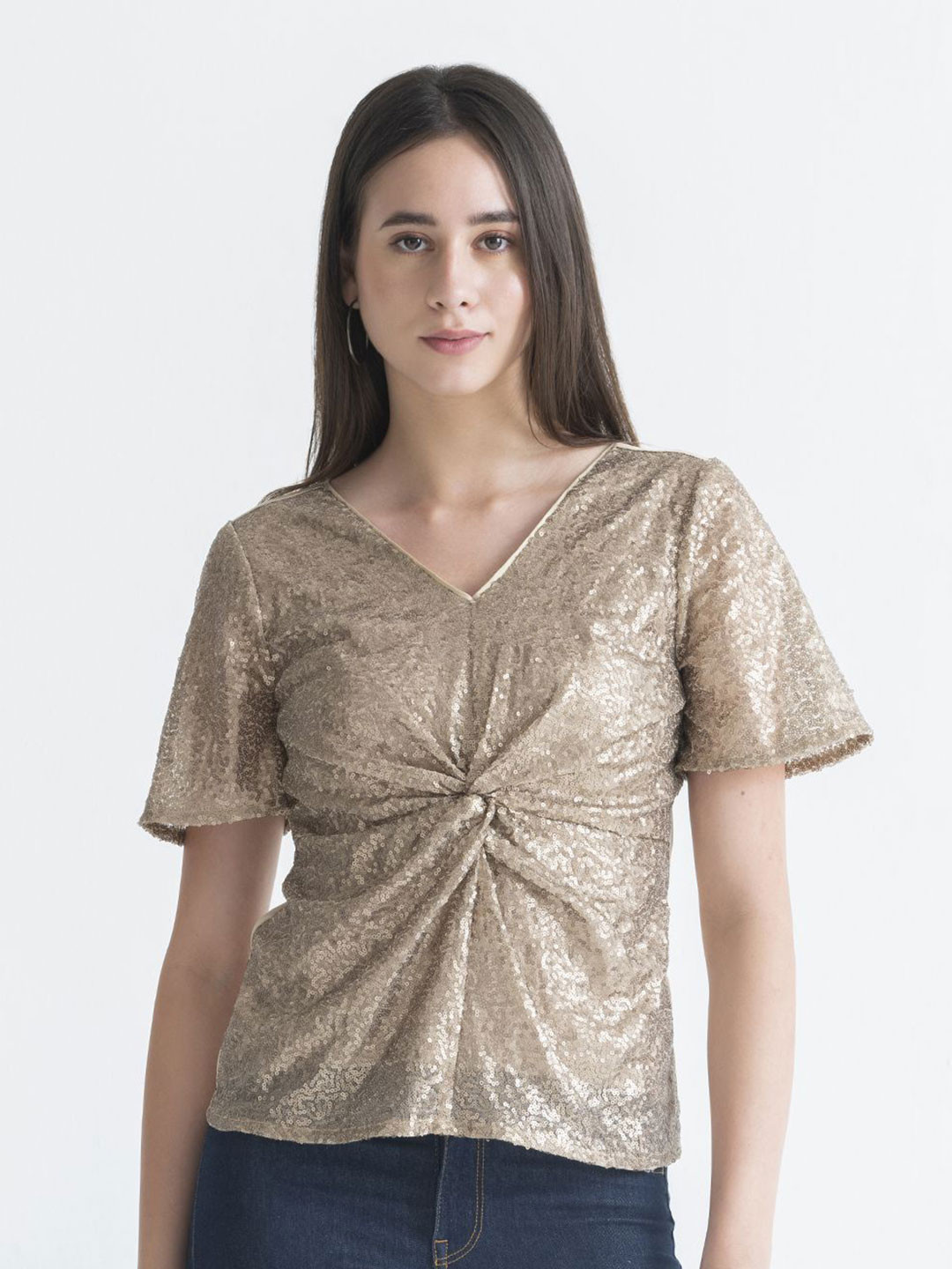 SHAYE Women Embellished V-Neck Sequin Short Sleeves Party Top