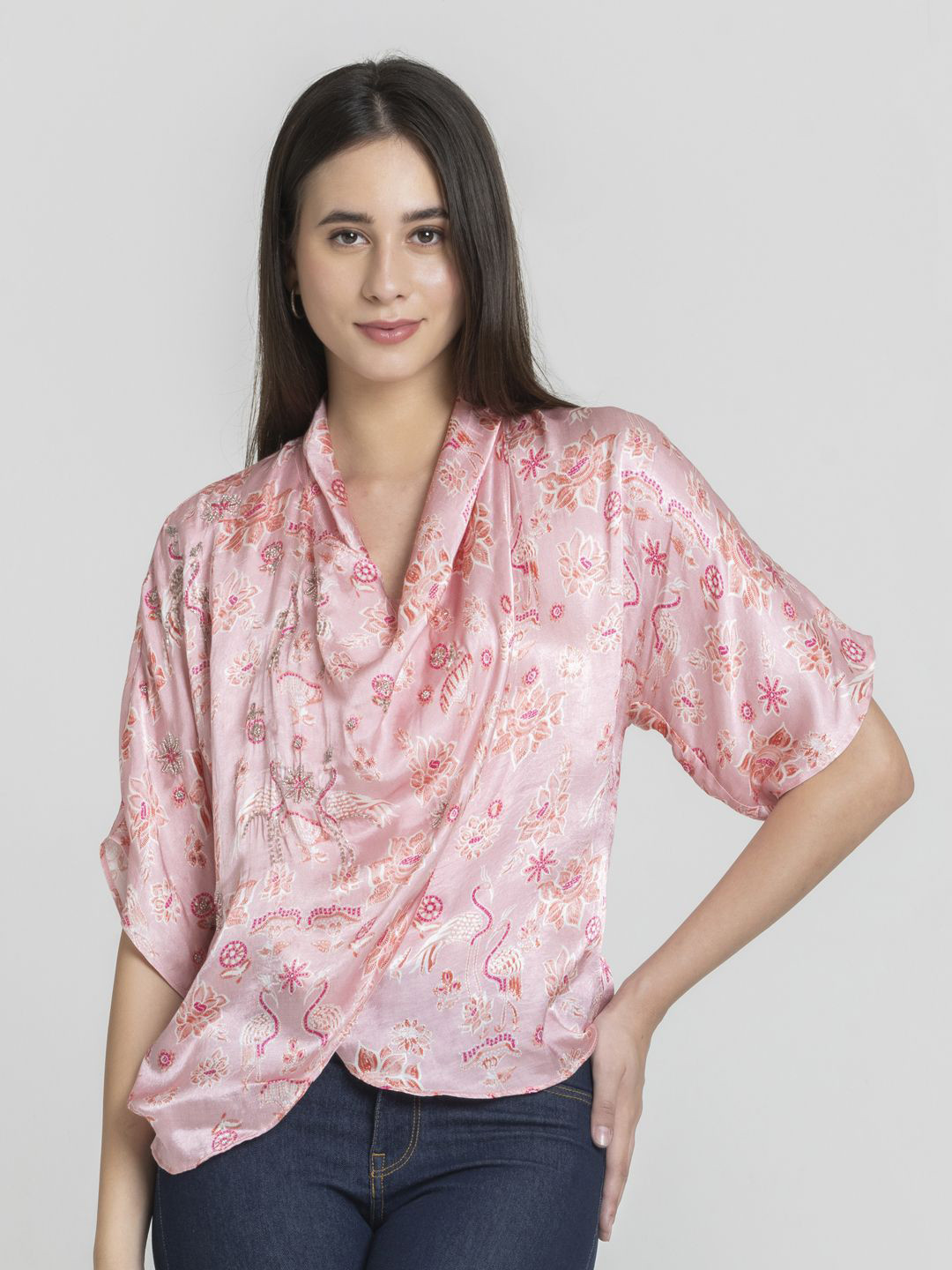 SHAYE Women Floral Print Cowl Neck Short Sleeves Regular Top