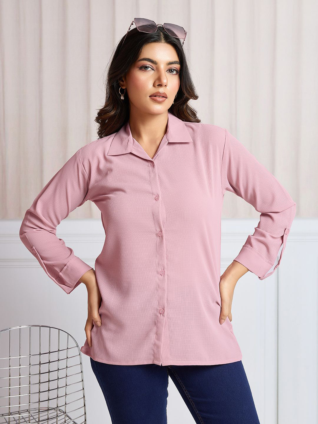 TATER GARMENTS Women Standard Fit Textured Spread Collar Casual Shirt