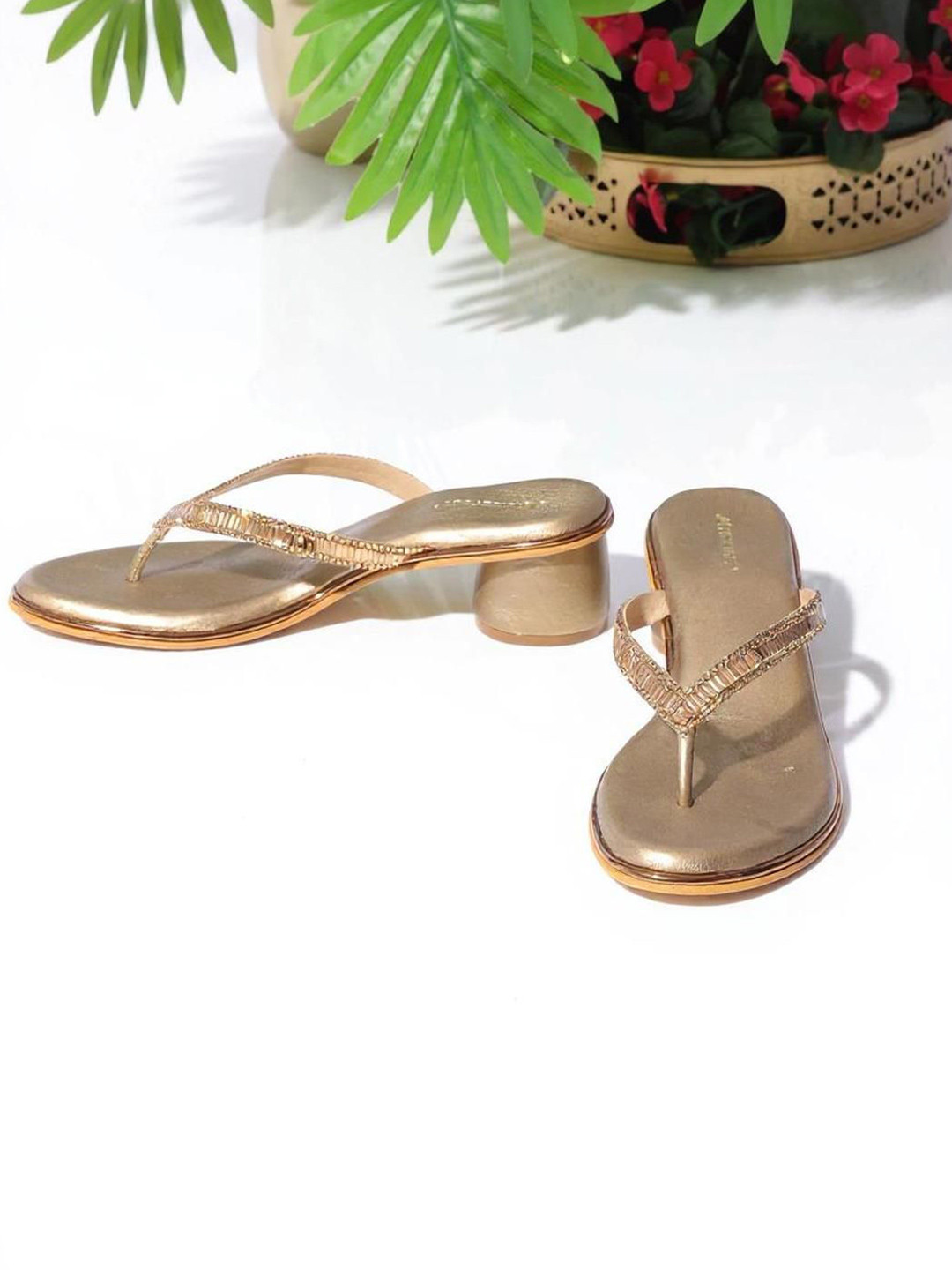 Kneetoes Women Crystal Studded Cylindrical Heel Thong Sandals