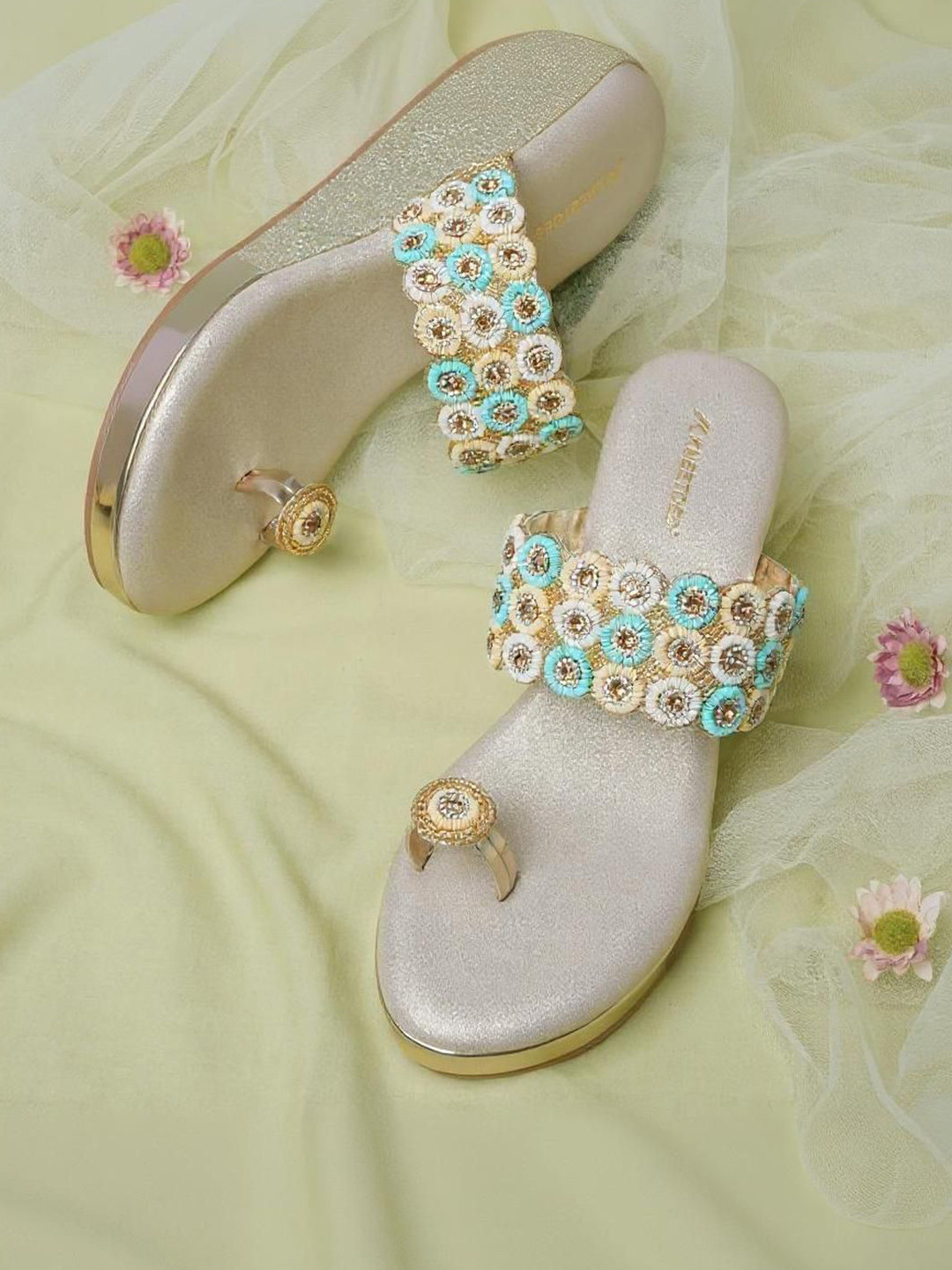 Kneetoes Women Sparkly Gold Beaded Wedge Sandals