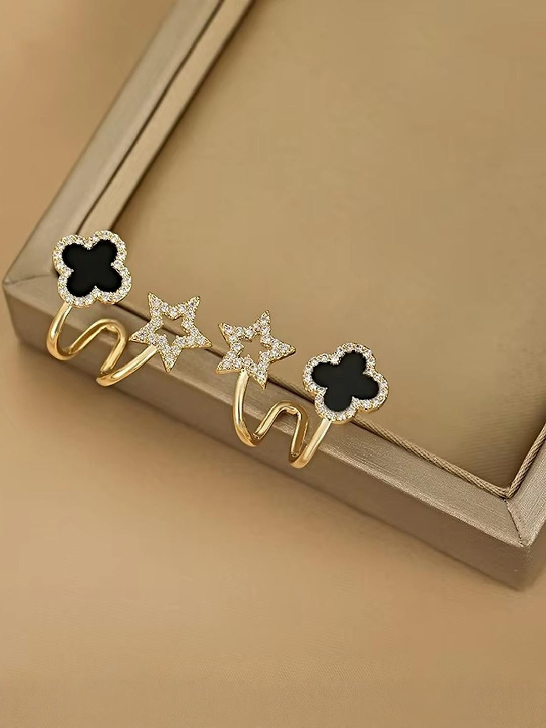 Tiso Elegant Black Cuff Earrings with Star & Stone Details | Statement Studs